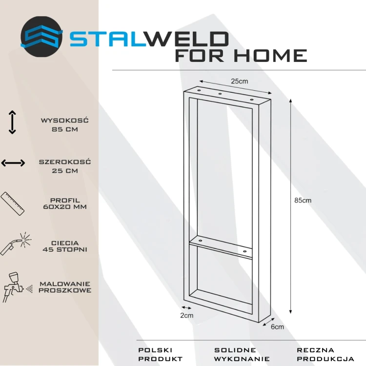 noga metalowa z półką do konsoli, toaletki 25x85 czarne loft profil 60x20