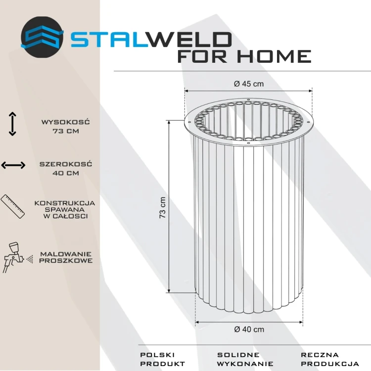 Noga metalowa ryflowana Ø40×73 cm do stołu – wymiary i rysunek techniczny